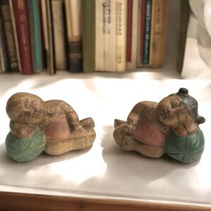 Vintage ASIAN Wood Hand Sculpture Carved Sleeping Boy & Girl Figurines 5.5”